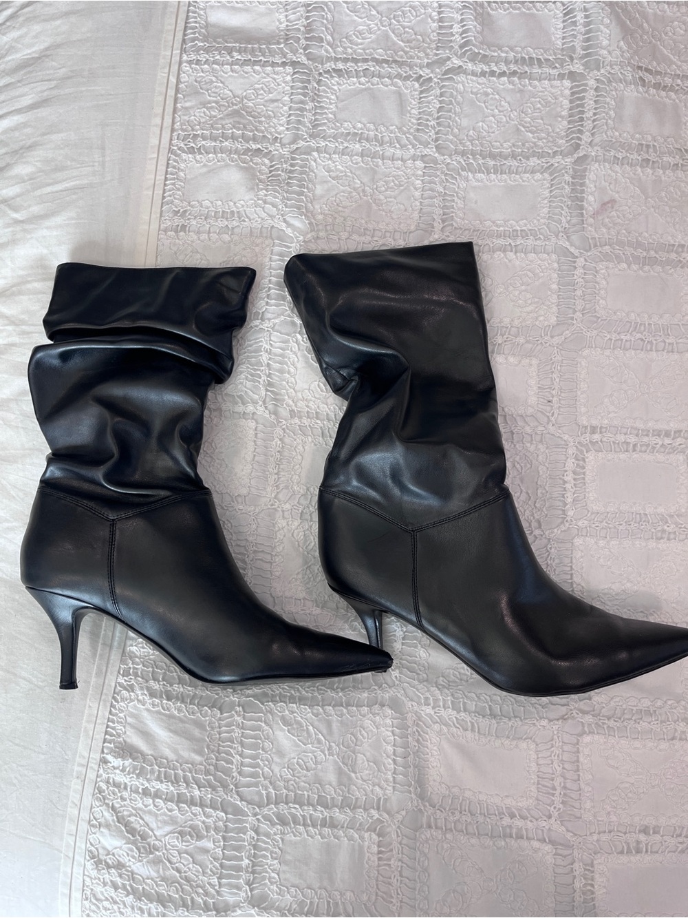 Black Slouch Leather Mid-Heel Boots Marc Fisher